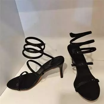 Мода 2024 года, новые женские туфли на высоком каблуке, модные индивидуальные сандалии со спиральным ремешком, дизайнерские роскошные женские туфли со стразами на высоком каблуке 10 см 33