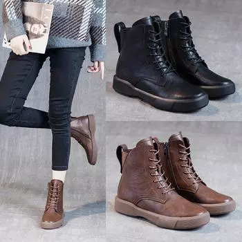 Мода 2024 года. Новые женские туфли на плоской подошве, женские кожаные туфли, короткие сапоги, женские британские ретро-туфли на толстой хлопковой подошве 35 коричневый