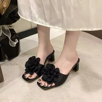 Мода 2024 года, новые женские туфли на высоком каблуке, толстые каблуки, модные женские туфли с цветочным узором, открытые носки, роскошные женские туфли Zapatos 35 чёрный