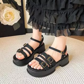 Мода 2024 года, новые женские туфли на платформе с пряжкой, босоножки на каблуке с металлической пряжкой, толстая подошва, женские сандалии на плоской подошве с одной пряжкой 35 бежевый