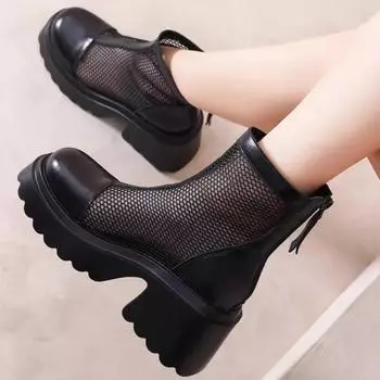 Мода 2024 года. Новые женские туфли. Однотонные женские ботинки с круглым носком и толстым каблуком. Модные сетчатые дышащие и удобные женские сандалии. 35 бежевый