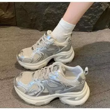 Мода 2024 года, новые женские туфли, повседневные кроссовки, туфли на платформе, круглый носок, шнуровка, теннисные туфли для женщин, вулканизированные сандалии для женщин 35 серебряный