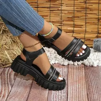 Мода 2024 года, новые женские туфли, римские женские сандалии на платформе, повседневные сандалии, женские туфли с пряжкой и ремешком на квадратном каблуке, большие размеры, женские 35 чёрный
