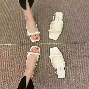 Мода 2024 года, новые женские туфли с квадратным носком, женские тапочки, летняя подошва Solft, открытый носок, бант, однотонные, повседневные, на плоской подошве, удобные тапочки 35 бежевый