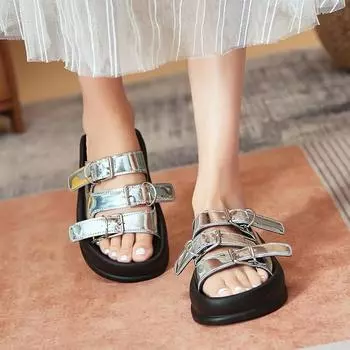 Мода 2024 года, новые женские туфли с пряжкой на ремне, женские тапочки, модные повседневные тапочки с открытым носком, горячая распродажа, тапочки на плоской подошве с круглым носком 35 чёрный