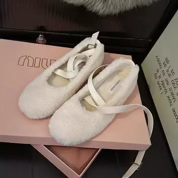 Мода 2024 года, новые женские туфли, симпатичные шерстяные туфли Мэри Джейн с перекрестным кружевом, осенне-зимние теплые балетки из овечьей шерсти и кашемира 33 коричневый