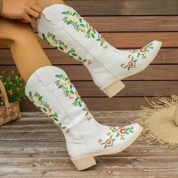 Мода 2024 года, новые женские туфли, вышитые женские сапоги, модные современные ботинки без застежек, женские квадратные носки, сохраняющие тепло, высокие женские туфли 38 белый