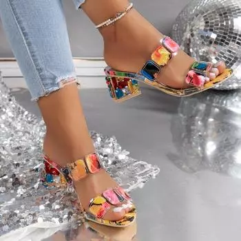 Мода 2024 года. Новые женские туфли. Женские тапочки с открытым носком. Летние тапочки разных цветов. Повседневные туфли на толстом каблуке. 35