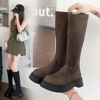 Мода 2024 года. Новые женские высокие сапоги. Зимние теплые и модные сапоги выше колена на толстой подошве с квадратным каблуком. 35 чёрный
