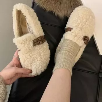 Мода 2024 года, новые женские зимние теплые уличные ботинки, плюшевый дизайн, британский стиль, белые зимние ботинки, женские повседневные туфли на плоской подошве, модные легкие и мягкие 35 коричневый