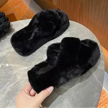 Мода 2024 года, новые зимние домашние хлопковые туфли для женщин, поролоновая подошва, квадратная головка, короткие плюшевые тапочки, наружные плоские тапочки из хлопка для женщин 35 розовый