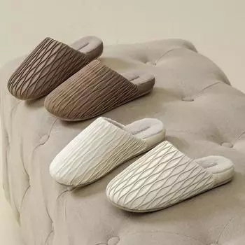 Мода 2024 года, новые зимние хлопковые тапочки для женщин и мужчин, домашняя обувь, водонепроницаемая, плиссированная, из искусственной кожи, противоскользящая, для помещений, для пар 36-37 бежевый