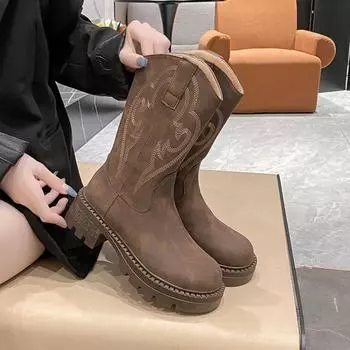 Мода 2024 года, новые зимние ковбойские сапоги на платформе, женская обувь, модные туфли без застежек на среднем каблуке, боты с толстой подошвой, женские ретро-ботинки Mordern 35 темно-коричневого