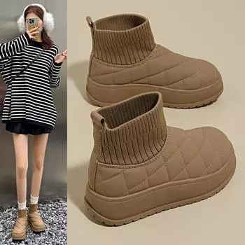 Мода 2024 года, новые зимние модные зимние ботинки, женские бархатные утолщенные короткие теплые без застежек, повседневные и удобные хлопковые туфли 35 бежевый