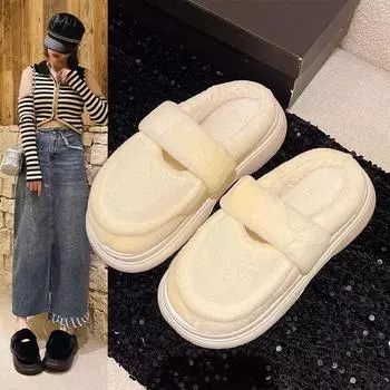 Мода 2024 года, новые зимние популярные простые домашние теплые нескользящие пушистые тапочки, женские тапочки с закрытым носком, женская домашняя хлопковая обувь 36-37 бежевый