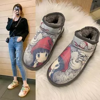 Мода 2024 года, новые зимние сапоги с рисунком из мультфильмов, женская обувь на хлопковой подкладке с рисунком из мультфильмов, модная нескользящая домашняя обувь из плюша, сохраняющая тепло 35