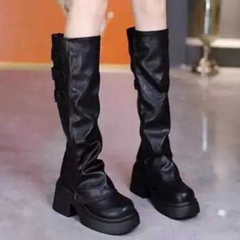 Мода 2024 года, новые зимние сапоги в стиле панк на толстом каблуке с пряжками для верховой езды, модные уличные сапоги до колена для мотоциклистов, обувь для женщин 35 чёрный