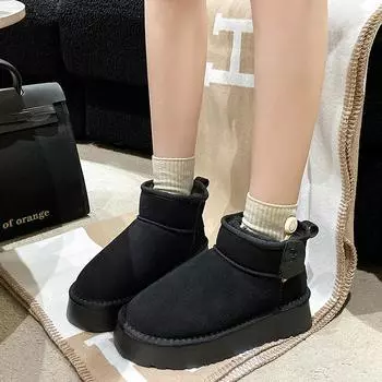 Мода 2024 года, новые зимние теплые женские короткие плюшевые теплые зимние сапоги, повседневные удобные замшевые меховые ботильоны, женские сапоги с толстой подошвой 36 жёлтый