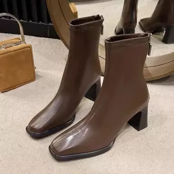 Мода 2024 года, новые зимние теплые женские ботинки, однотонные, удобные, с квадратным носком, на молнии, верхняя одежда, профессиональный темперамент, женские ботинки 35 коричневый