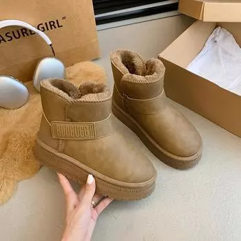 Мода 2024 года, новые зимние женские ботильоны, короткие плюшевые теплые зимние ботинки, повседневные удобные замшевые меховые женские ботинки с толстой подошвой 36 хаки