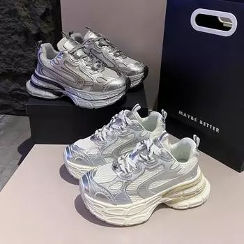 Мода 2024 года, новый летний стиль, толстая подошва, сетка, универсальная, дышащая, удобная, легкая, повседневная, спортивная обувь для папы для женщин 35 серебряный