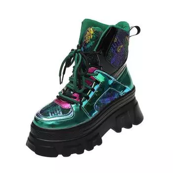 мода 2024 года, новый модный тренд, женские ботинки на шнуровке, армейские ботинки на платформе и толстом каблуке высотой 7 см, женские ботинки в британском стиле, повседневные ботинки на толстой подошве 35 зелёный