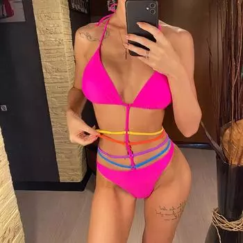 Мода 2024 года, новый сексуальный цельный купальник с запахом и бретелькой через шею, женский купальник, женский купальник с высоким вырезом, монокини, купальный костюм для плавания S розовый