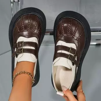 Мода 2024 года, новый стиль, круглый носок, неглубокий носок, повседневная женская обувь, лоферы на толстой подошве, женские коричневые ретро-модные короткие туфли 35 коричневый