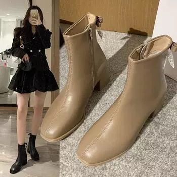 Мода 2024 года, новый стиль, квадратный носок, модные женские ботильоны, короткие туфли, тонкий средний каблук, молния сзади, удобные носки для женщин 35 чёрный