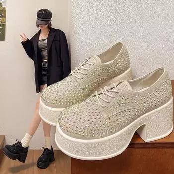 Мода 2024 года, новый стиль, модные туфли на платформе, высокие весенние черные женские туфли, кроссовки на платформе, туфли со стразами Tide Shine Bling 35 бежевый