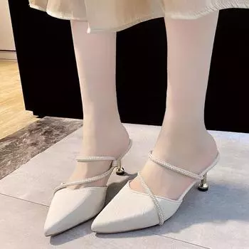 Мода 2024 года Обувь Женские туфли на высоком каблуке с открытой пяткой Брендовые туфли-лодочки Женские туфли с острым носком и кристаллами Туфли на высоком каблуке Женские босоножки 35 чёрный