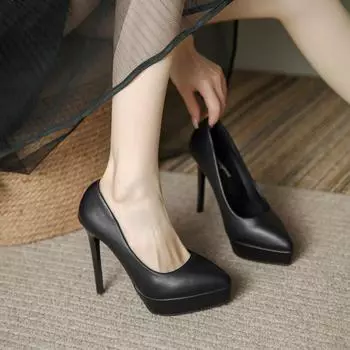 Мода 2024 года, однотонные водонепроницаемые туфли на платформе с ультра-высоким каблуком, женские универсальные модные туфли для вечеринок и показов с неглубоким носком 34 чёрный