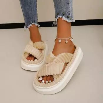 Мода 2024 года Осень и зима Бархатные женские тапочки с перекрестными ремешками на толстой мягкой подошве Туфли на толстой подошве Женские нескользящие домашние тапочки 36-37 бежевый