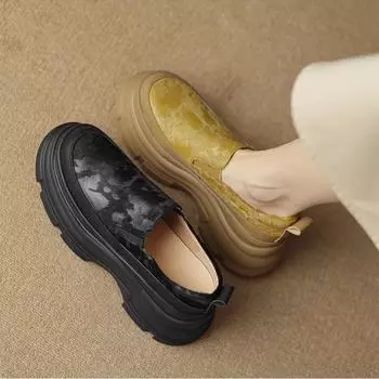 Мода 2024 года осень и зима британские ретро толстые подошвы маленькие кожаные туфли с квадратной головкой и толстыми каблуками женские одинарные туфли два 35 жёлтый