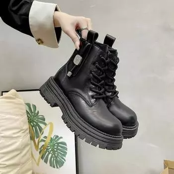 Мода 2024 года, осень и зима, модные короткие ботинки, нескользящие, на толстой подошве, однотонные, со шнуровкой, женские туфли, новая модная обувь для активного отдыха 35 чёрный