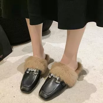 Мода 2024 года, осень и зима, новые женские туфли, домашние тапочки с металлическим принтом и стразами, хлопковые тапочки на квадратном каблуке 35 бежевый