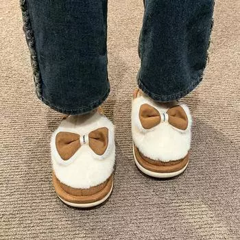 Мода 2024 года, осень и зима, новые женские повседневные однотонные плюшевые тапочки из хлопка с бантом 36-37 чёрный