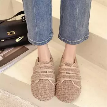 Мода 2024 года, осень и зима, новые женские ретро-модные однотонные теплые плюшевые низкие туфли 35 бежевый