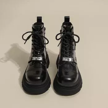 Мода 2024 года, осень и зима, новые женские модные сапоги с круглым носком и коротким бочонком, однотонные металлические сапоги 35 чёрный