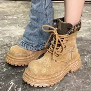 Мода 2024 года, осень и зима, новые однотонные универсальные женские ботинки, утолщенные, ретро, рабочие, короткие ботинки, универсальный британский стиль 35 чёрный