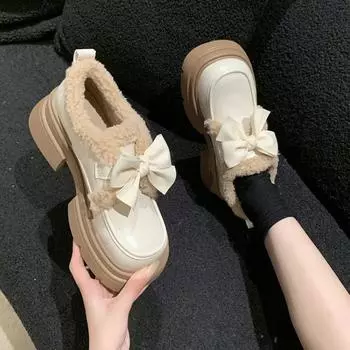 Мода 2024 года, осень и зима, новые европейский и американский стиль, маленькие кожаные туфли, теплые мокасины с бантом и толстой подошвой 35 бежевый
