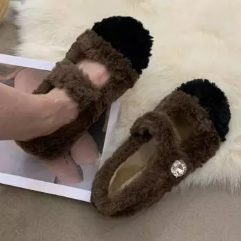 Мода 2024 года, осень и зима, женские новые плюшевые теплые хлопковые туфли на плоской подошве, замшевые туфли с открытым носком, женские однотонные туфли на плоской подошве 35 абрикосовый