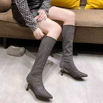 Мода 2024 года, осень, модные женские туфли-носки с острым носком и каблуком-шпилькой, красочные блестящие, с мелкими пайетками, на высоком каблуке 35 чёрный