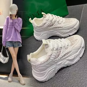 Мода 2024 года, осень, новые однотонные туфли для папы на толстой подошве, женская повседневная женская модная и универсальная спортивная обувь 35 бежевый