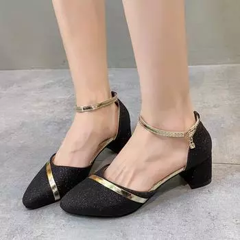 Мода 2024 года, осень, новые туфли на высоком каблуке, модные босоножки с задником, толстый каблук, яркие, большого размера, босоножки с пряжкой в одну линию 35 золотой