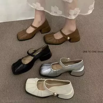 Мода 2024 года, осень, новые женские модные туфли с квадратным носком и закрытым носком, элегантные туфли-мюли Мэри Джейн на среднем каблуке, туфли-лодочки 35 серебряный