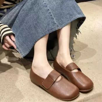 Мода 2024 года, осень, новые женские модные однотонные туфли в стиле ретро с круглым носком на плоской подошве с низким верхом 35 бежевый