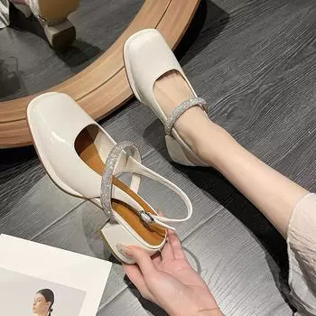 Мода 2024 года, осень, новые женские туфли на высоком каблуке, модные женские повседневные сандалии на толстом каблуке, для вечеринок и работы, белые мюли Мэри Джейн 35