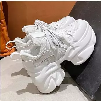 Мода 2024 года, осень, повседневная обувь из кожи с толстой подошвой, 10 см, дышащая сетчатая прогулочная обувь, женские кроссовки Zapatos Mujer на высокой платформе 34 чёрный