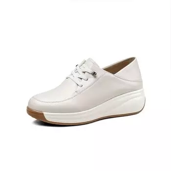 Мода 2024 года, осень, туфли на плоской платформе, женские кожаные туфли с круглым носком, увеличивающие рост, женские брендовые туфли на танкетке, повседневная обувь CN 35(Foot 22.5cm) бежевый